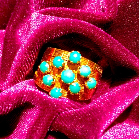GORGEOUS Gold and Turquoise Estate Harem Ring Vintage 14K - Picture 4 of 7